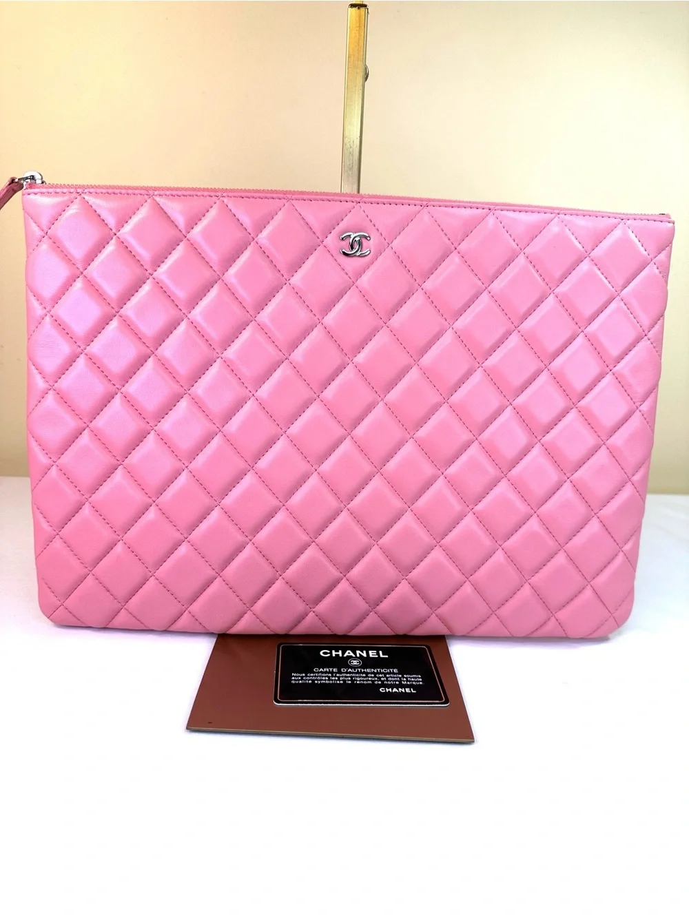 CHANEL Pink Quilted Lambskin Zip Pouch O-Case Fits Laptop, Box, card, #18 COA